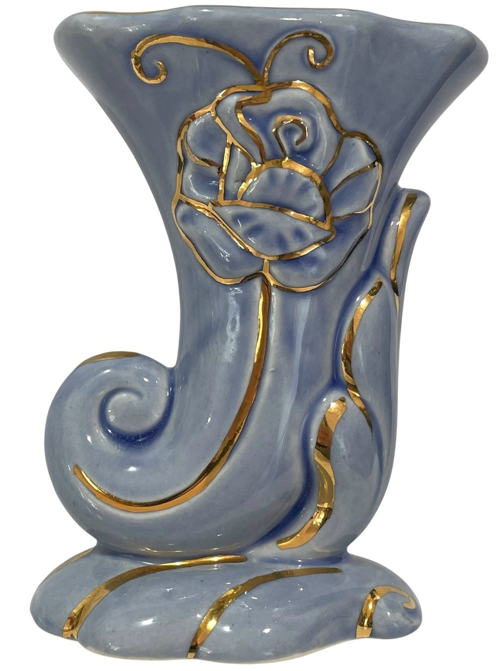 Vintage 1960s American Bisque USA Ceramic Cornucopia Vase - Gilded Golden Rose